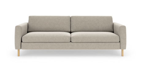 Beige 3-personers sofa med træben set forfra på hvid baggrund.