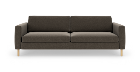 Mørkegrå tresædet sofa med to sæde- og ryghynder, lige armlæn og lyse træben, frilagt på hvid baggrund.
