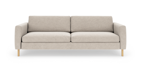 Beige 2-personers stofsofa med lige armlæn og lyse træben, set forfra mod hvid baggrund.