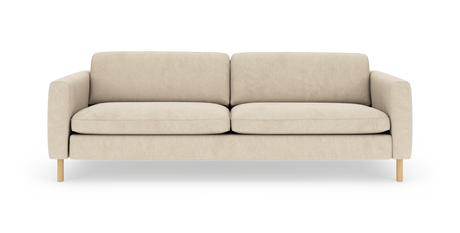 Beige 2-personers sofa med afrundede armlæn og lyse træben, frilagt på hvid baggrund.