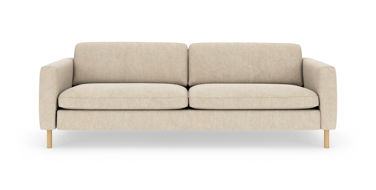 Beige 2‑personers sofa i minimalistisk stil med afrundede armlæn og lyse træben, frilagt på hvid baggrund.