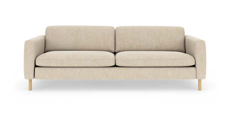 Beige 2‑personers sofa i minimalistisk stil med afrundede armlæn og lyse træben, frilagt på hvid baggrund.