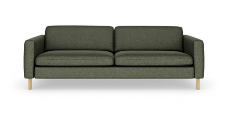 Mørkegrøn sofa med to sædehynder, lige armlæn og lyse træben, frontvisning på hvid studiobaggrund.