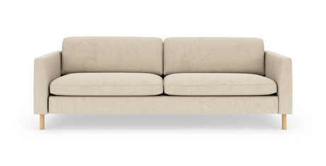 Beige, moderne 3-personers sofa med lige armlæn og træben, fotograferet direkte forfra på hvid studiebaggrund.