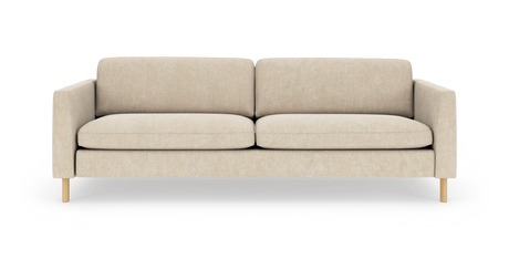 Beige 3-personers sofa med træben, frontvisning mod hvid baggrund.
