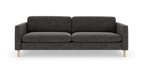Mørkegrå tresæders sofa med lige armlæn og lyse træben, set forfra på hvid baggrund.