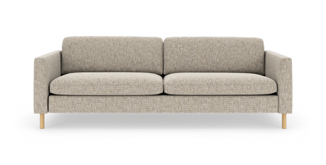 Beige sofa med lige armlæn og lyse træben, frilagt forfra.