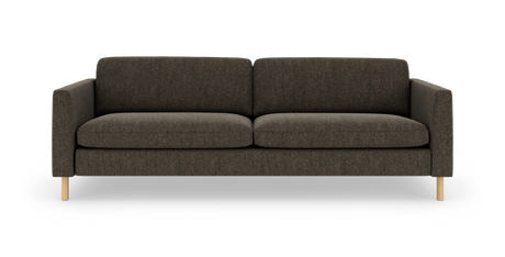 Mørkebrun 2-personers sofa med lige armlæn og lyse træben, isoleret på hvid baggrund.