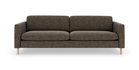 Mørkegrå/brun 3-personers sofa med lige armlæn og lyse træben, frilagt mod hvid baggrund, set forfra.