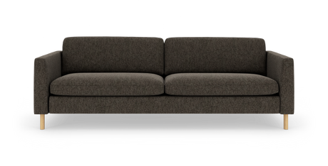 Mørkegrå 3-personers sofa i tekstil med lige armlæn og lyse træben, frilagt på hvid baggrund.
