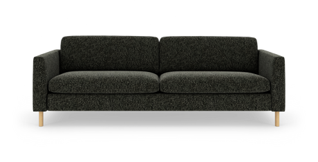 Mørkegrå sofa i stof med lige armlæn og runde træben, frontvisning på hvid baggrund.