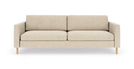 Beige 3-personers sofa med lige armlæn og træben, fritlagt på hvid baggrund.