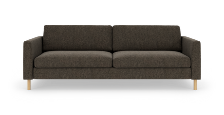 Mørkegrå tresæders sofa med lige armlæn og lyse træben, frontvisning på hvid baggrund.