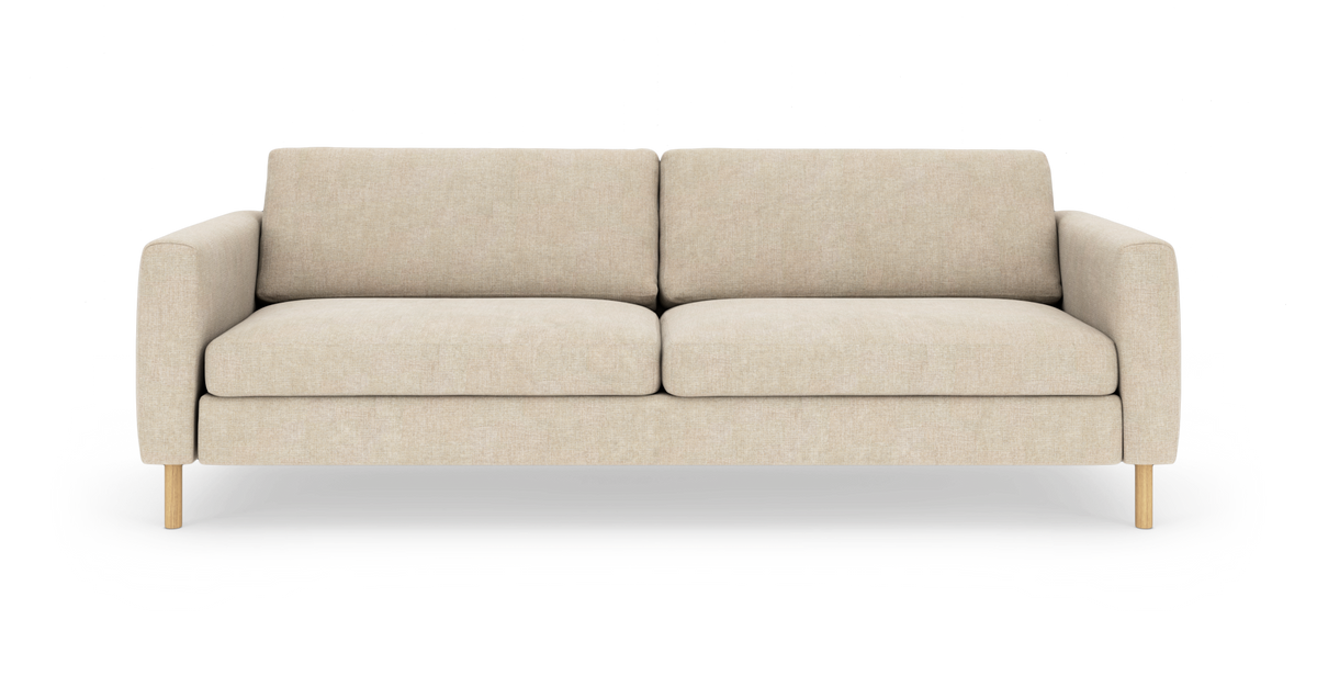 Beige sofa med træben set forfra.