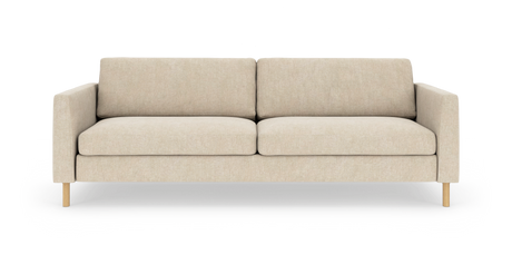 Beige 3-personers sofa i moderne, minimalistisk design med lige armlæn og træben, fritlagt på hvid baggrund.