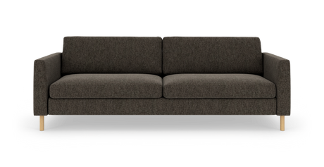 Mørkgrå stofsofa med træben, set forfra på hvid baggrund.