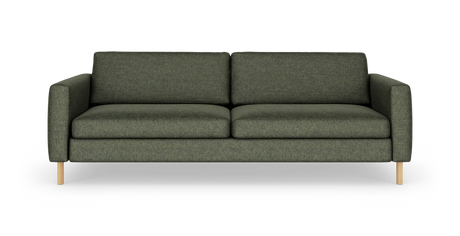 Grøn sofa med to sædehynder på hvid baggrund.