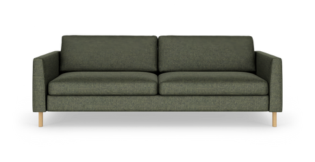 Grøn 3-personers sofa med lige armlæn og lyse træben, fritlagt forfra.