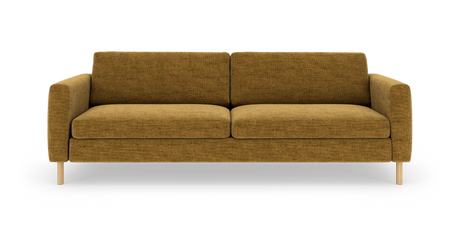 Sennepsgul 3-personers sofa i stof med afrundede armlæn og lyse træben, set forfra mod hvid baggrund.