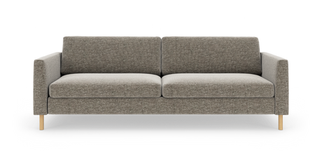 Grå 3‑personers sofa med lige armlæn og lyse træben, set forfra mod hvid baggrund.
