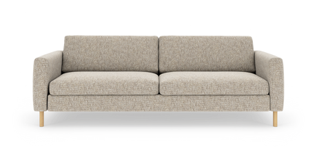 Beige 3-personers sofa i blød tekstil med afrundede armlæn og lyse træben, frilagt på hvid baggrund.