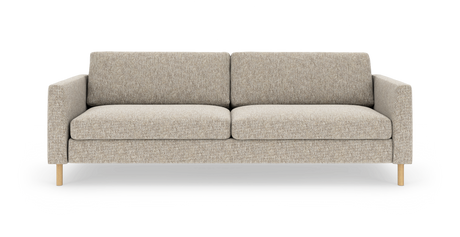 Beige 3-personers stofsofa med lige armlæn og lyse træben, frontvisning på neutral baggrund.