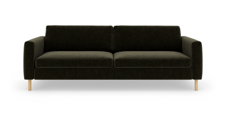 Mørkegrøn, moderne 3‑personers sofa med lige armlæn og træben på hvid studiebaggrund.