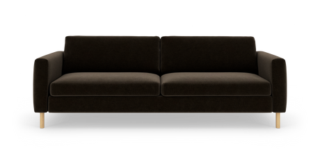 Mørkebrun 2-personers sofa med lige armlæn og lyse træben, set forfra mod hvid baggrund.
