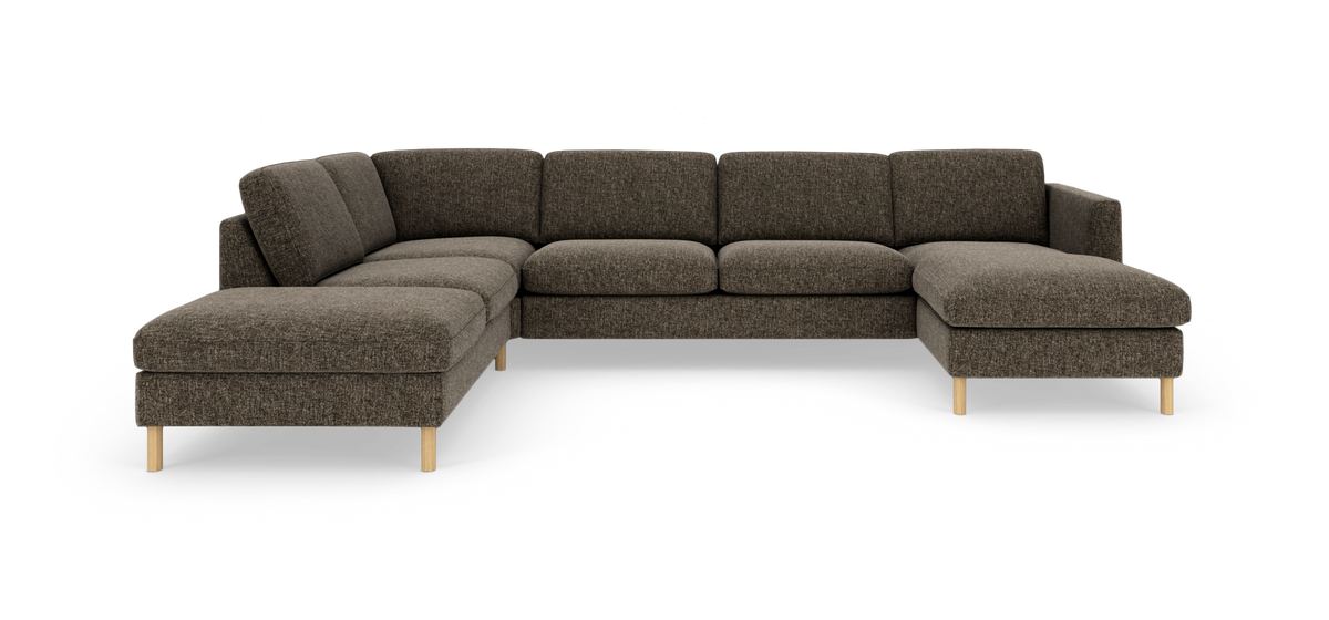 U-formet modulsofa med chaiselong i begge sider i mørkebrun meleret tekstil, runde ben i lys træfinish, fritlagt på hvid baggrund.