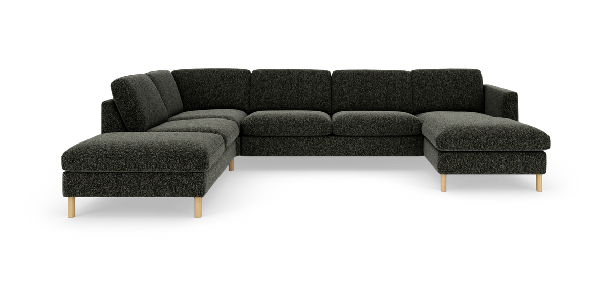 Mørkegrå modulær hjørnesofa med chaiselong, stofpolstring og lyse træben, isoleret på hvid baggrund.