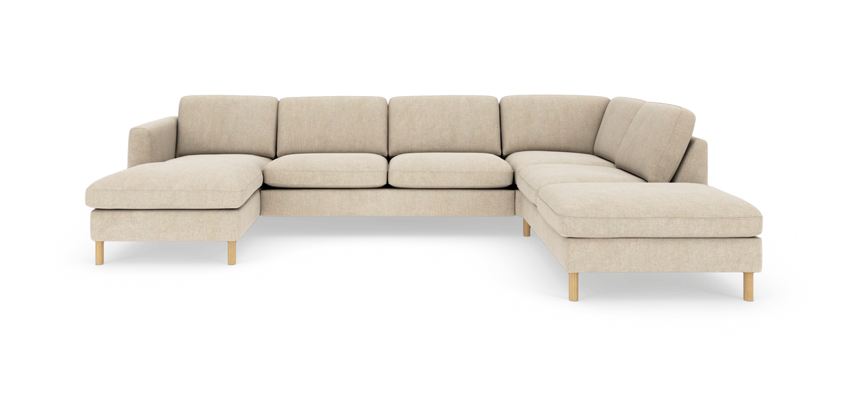 Beige U‑formet modulsofa med chaiselong på venstre og højre side, lyse træben.