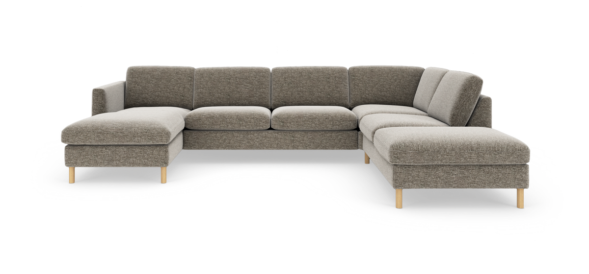 U-formet modulsofa i grå‑beige tekstil med træben, chaiselong i begge ender, frilagt på hvid baggrund.