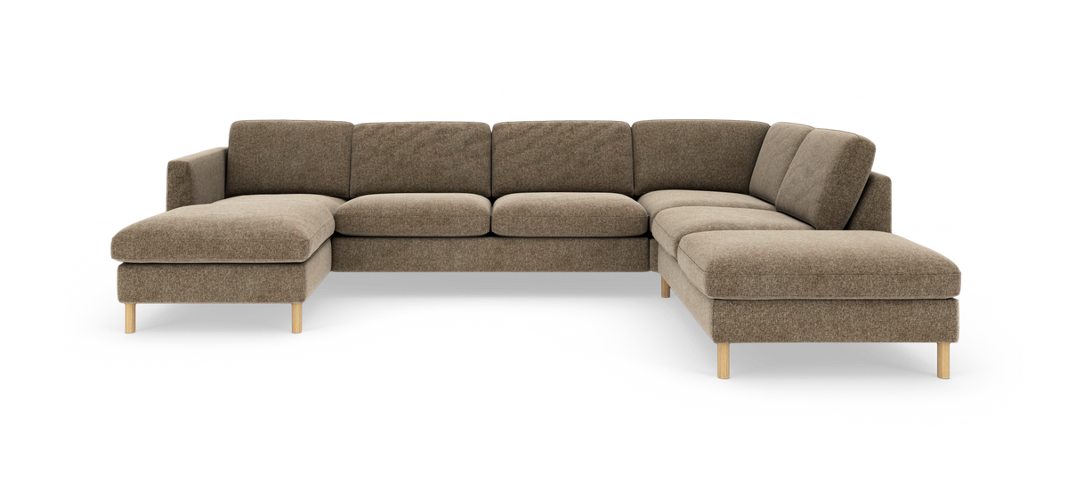 U-formet modulsofa i beige/brun tekstil med træben, venstre chaiselong og højre divan, vist i studieopsætning.