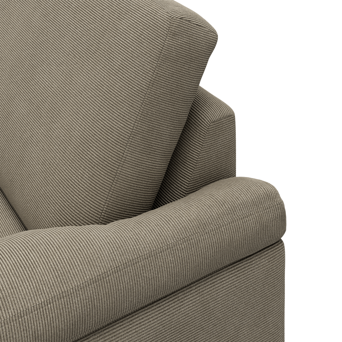 Nærbillede af beige-grå ribbet stofsofa med armlæn og ryghynde, frilagt i studie.