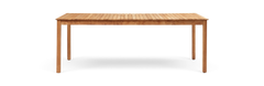 Rektangulært teakbord med lamel-bordplade, frilagt mod transparent baggrund.
