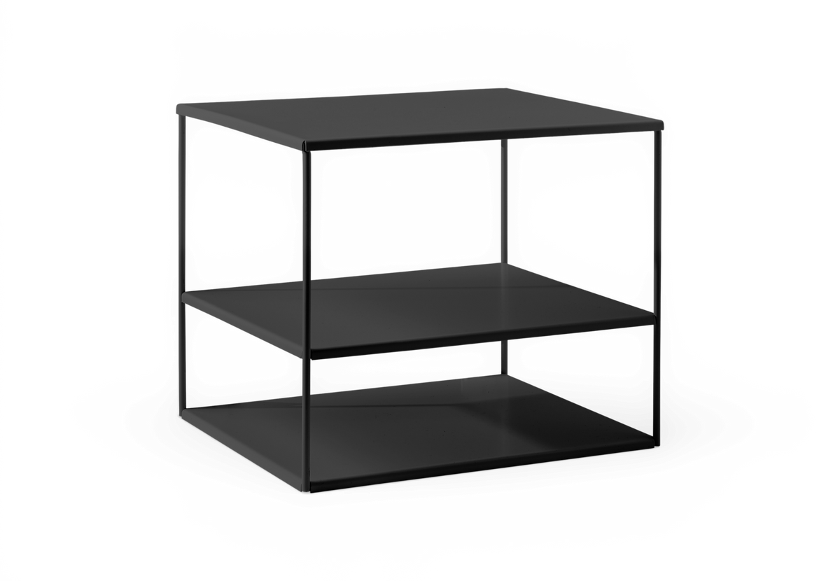 Sort metal sidebord med to hylder i kvadratisk, minimalistisk design.