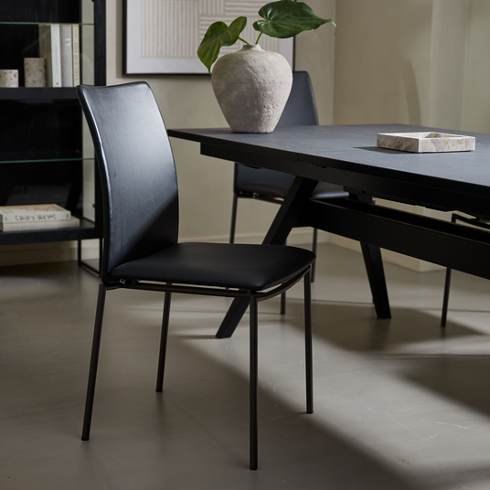 Sort spisebordsstol ved mørkt bord, med vase og grøn plante på bordet i et moderne, lyst rum.