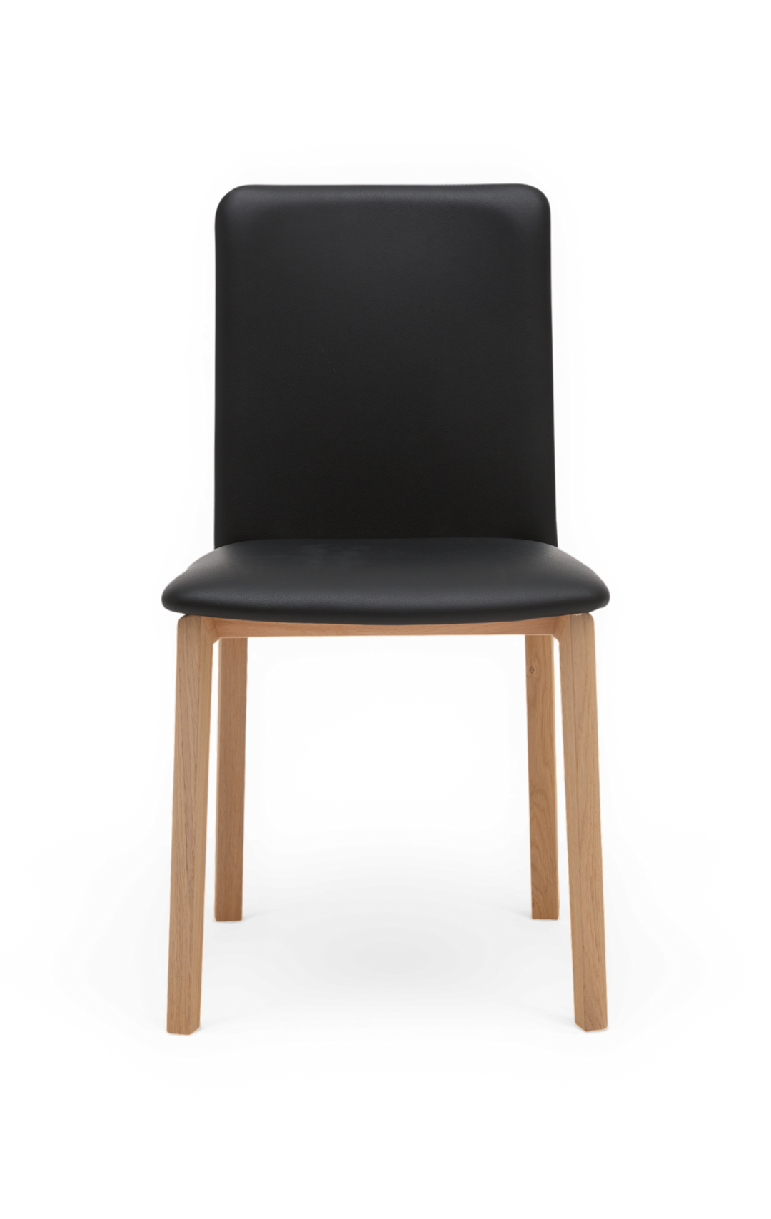 Sort stol med sæde og ryg i læderlook og ben i eg, set forfra – minimalistisk spisebordsstol.
