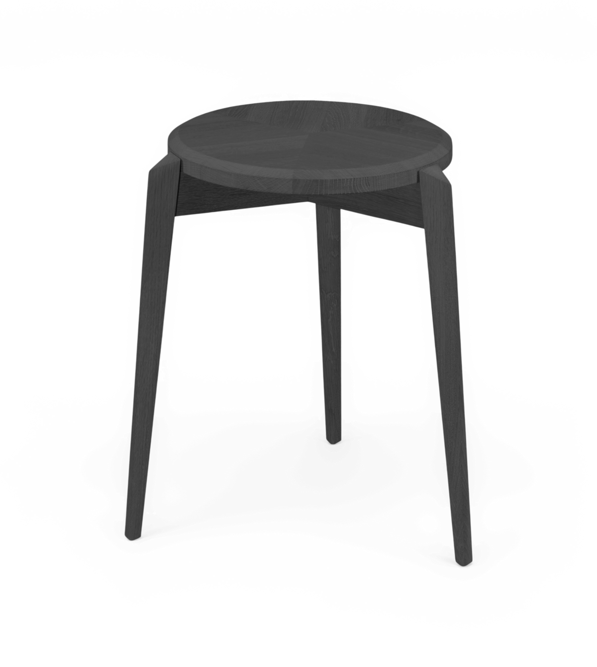 Rundt sort sidebord i træ med tre ben, frilagt på neutral baggrund.