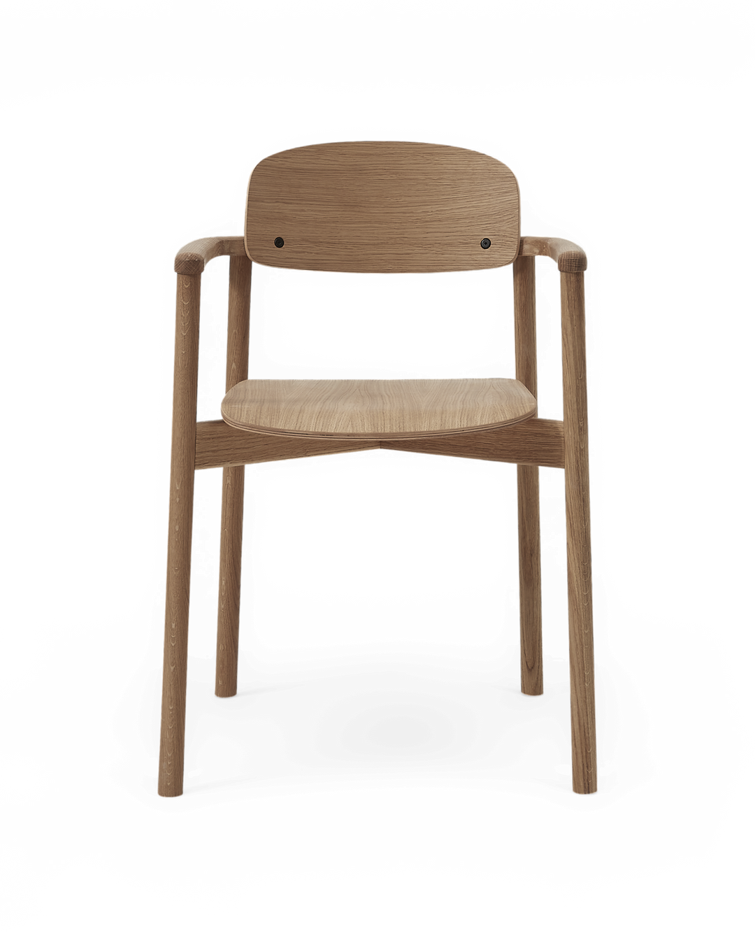 Minimalistisk armstol i eg med rundet ryglæn og armlæn, frilagt forfra.