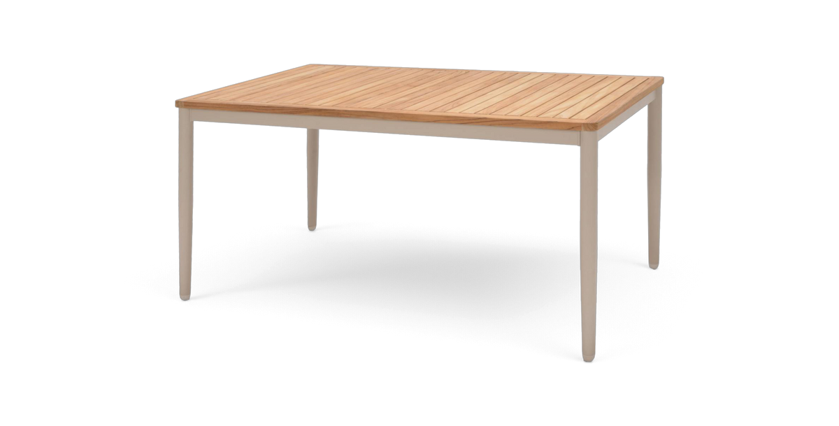 Rektangulært bord med lameltræbordplade og lyse beige metalben, fritlagt produktbillede.