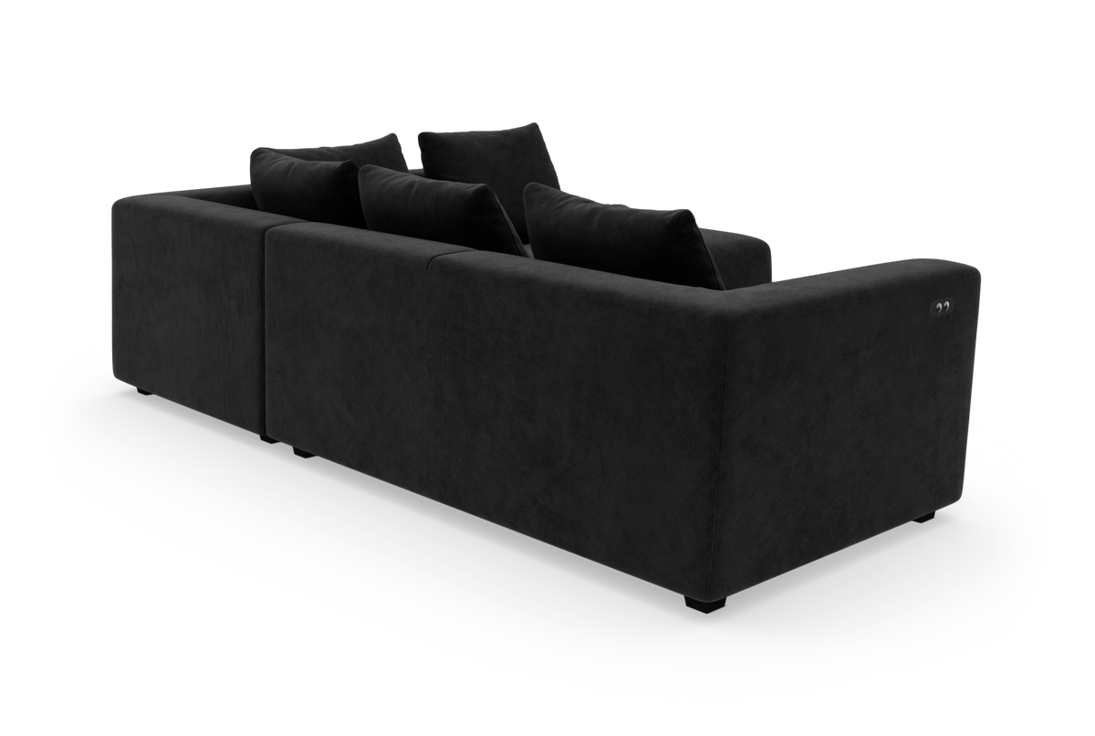 Sort modulsofa set skråt bagfra på hvid studiebaggrund.