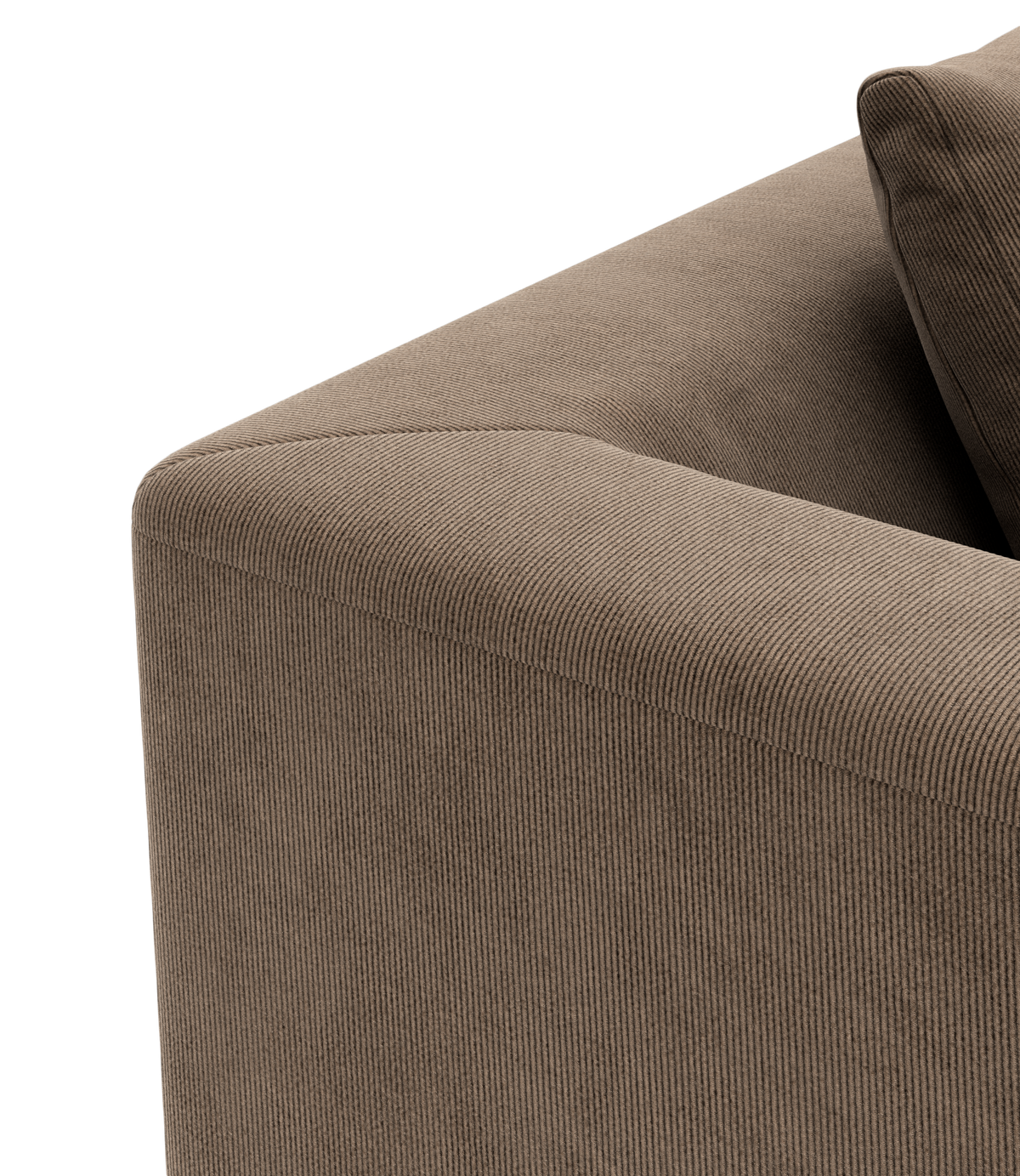 Nærbillede af armlænet på en brun sofa i corduroy med matchende pude.