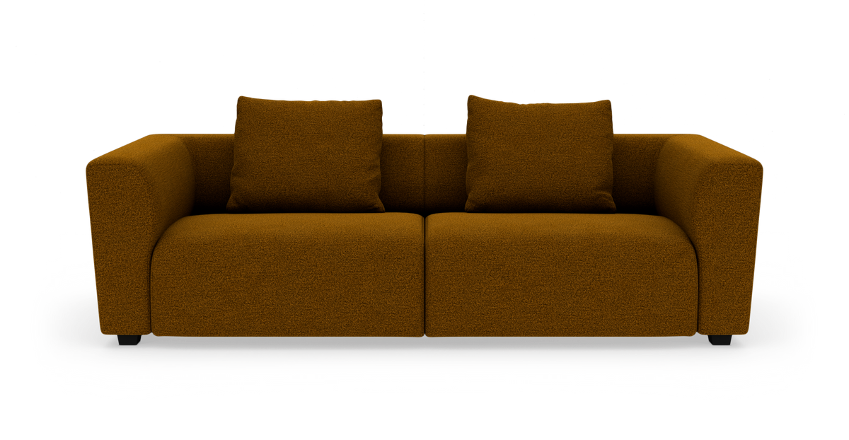 Brun 2-personers sofa med to puder, frontvisning på hvid baggrund.