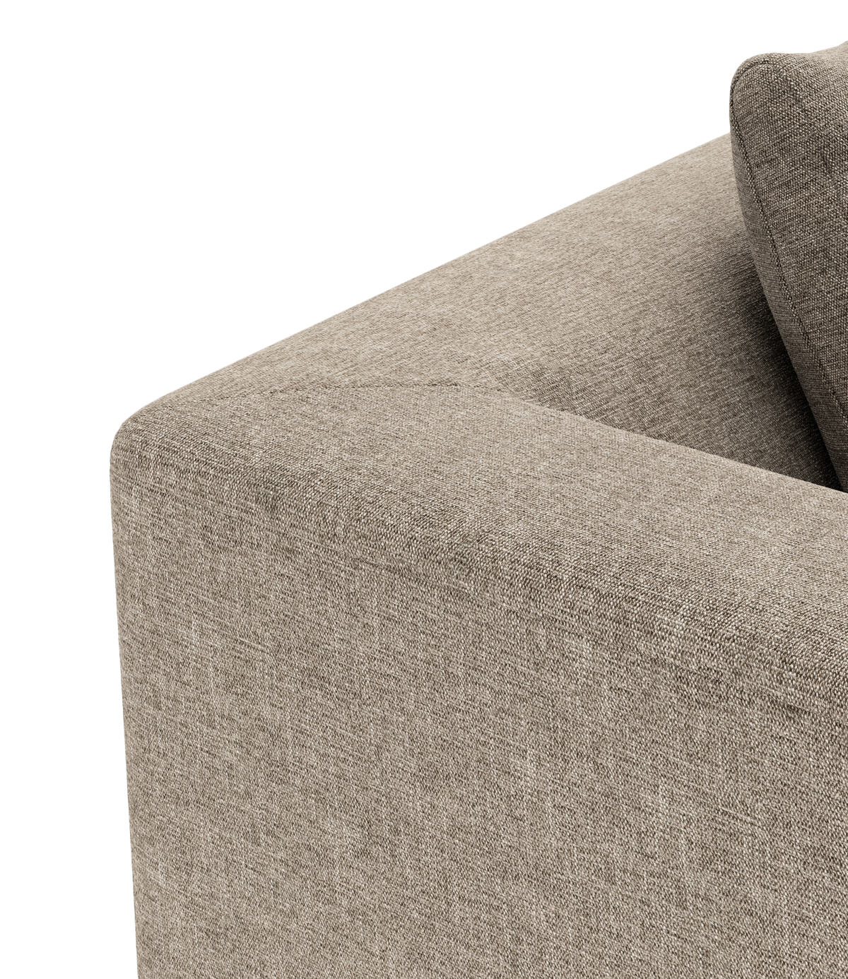 Nærbillede af beige stofsofas hjørne med pude.