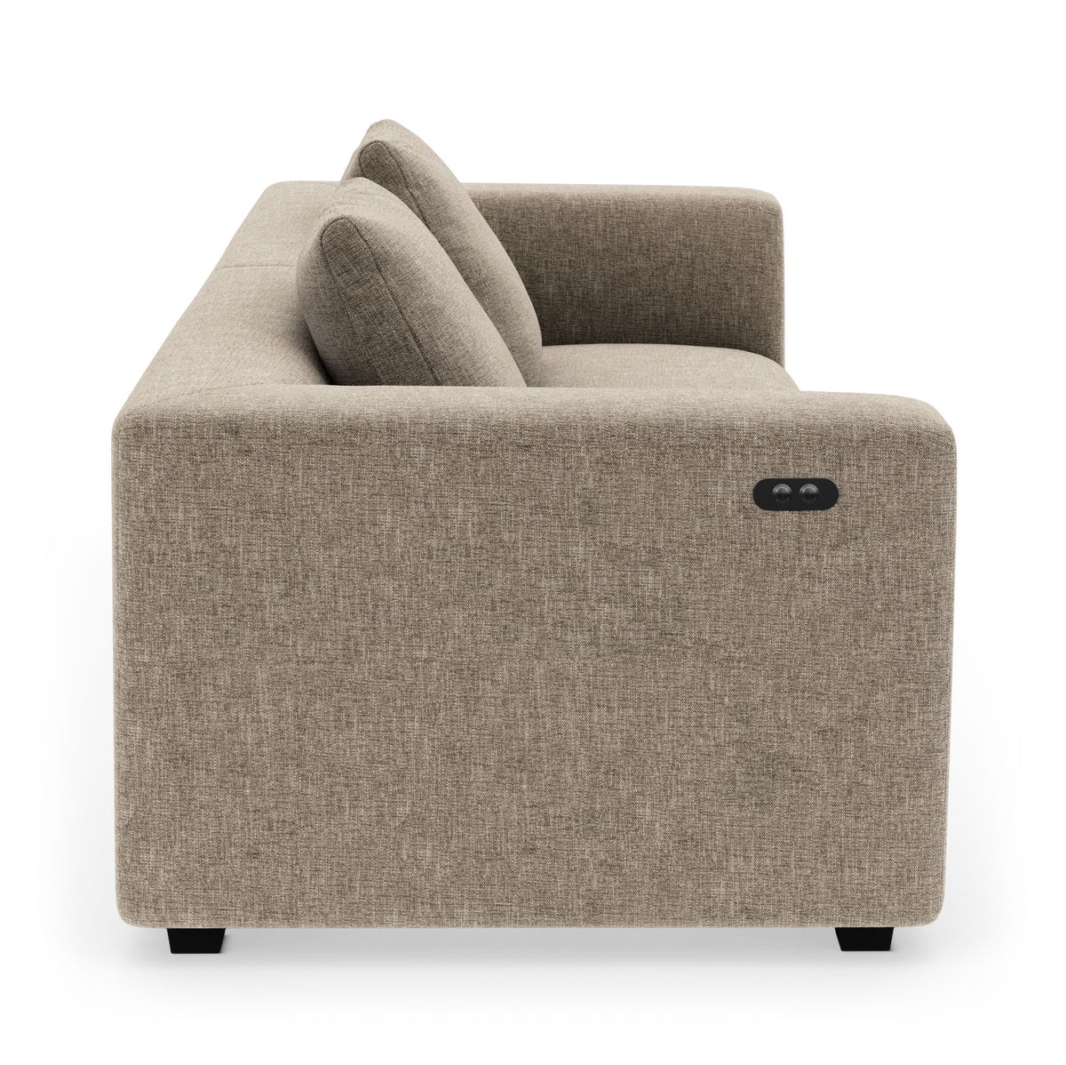Beige stofsofa set fra siden med to ryghynder, lille sort sidepanel og små sorte fødder.