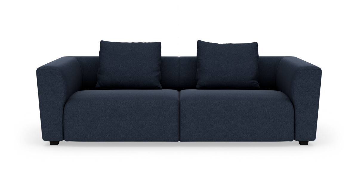 Mørkeblå sofa med to sædehynder og to ryghynder, frilagt på hvid baggrund set forfra.