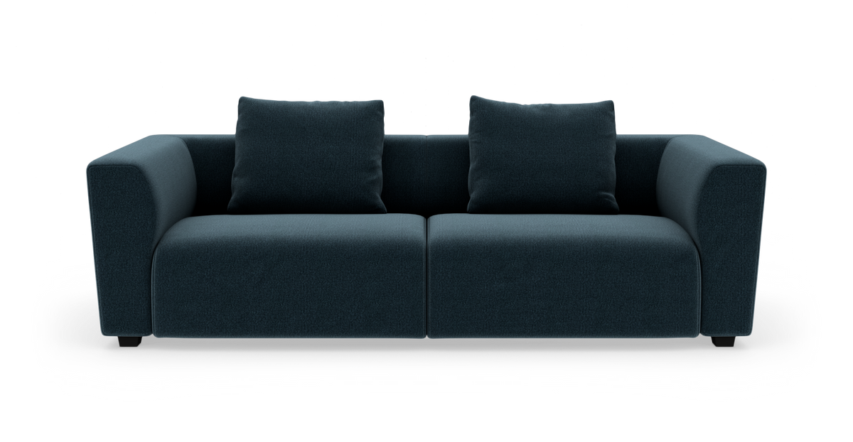 Mørkeblå 2-personers sofa med to rygpuder set forfra.