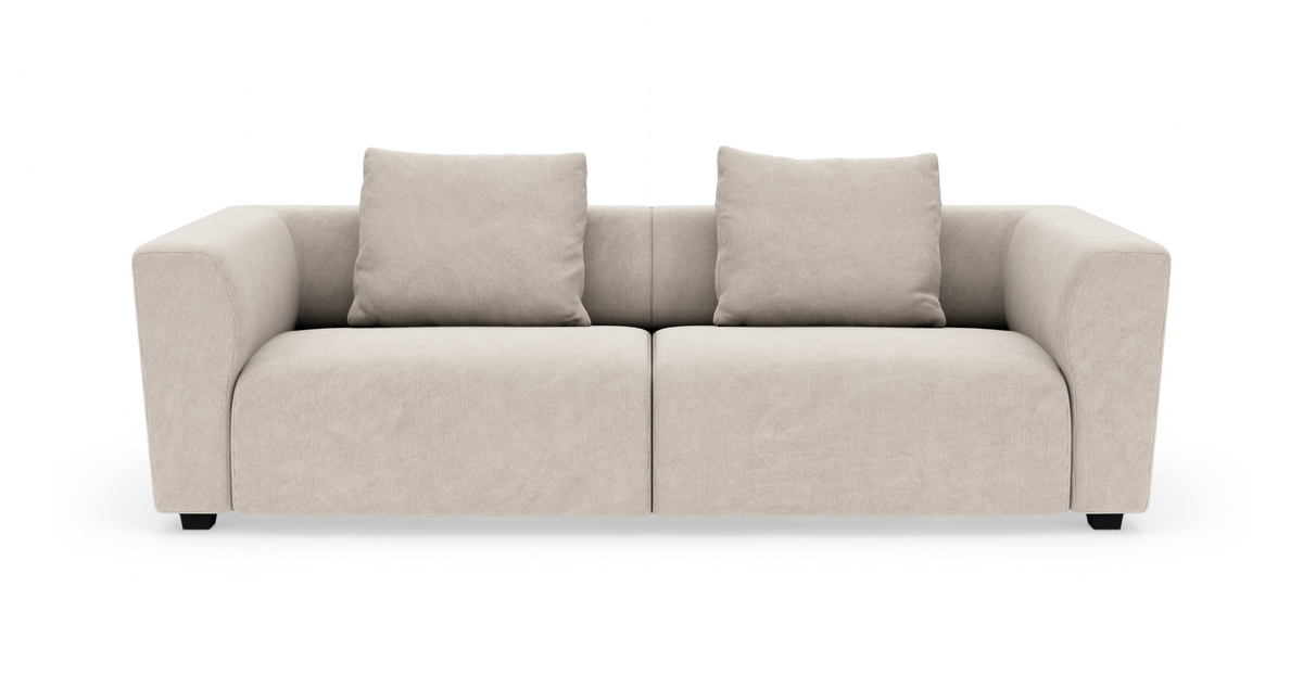 Beige 2-personers sofa med afrundede armlæn og to store ryghynder, set forfra mod hvid baggrund.