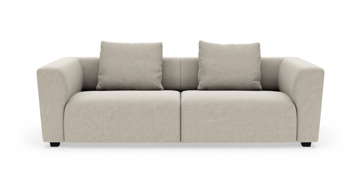 Beige 2-personers sofa med afrundede armlæn og to ryghynder, frilagt på hvid baggrund.